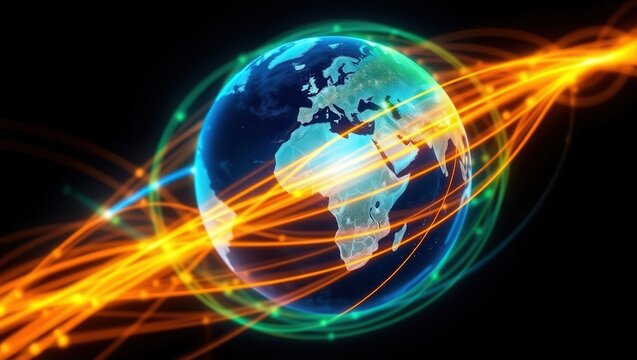 A globe with glowing orange and green lines on a black background representing global connections