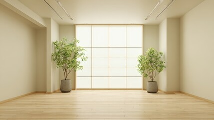 Fototapeta premium Minimalist Interior with Wooden Floor, Decorative Plants and Traditional Shoji Screen, Serene and Bright Ambience