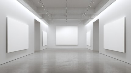 Obraz premium Bright Gallery Space with Blank White Canvases Ready for Art Exhibition and Creative Presentations