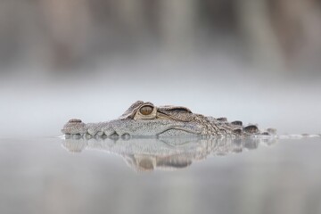 Obraz premium Crocodile Lurking in Calm Waters at Dawn, Surrounded by Misty Landscape