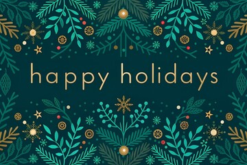 Elegant Happy Holidays Card Design with Golden Snowflakes, Festive Botanicals, and Modern Geometric Christmas Tree &ndash; Perfect for Seasonal Greetings and Winter Celebrations"