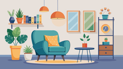 Vector art of inviting living room interior with armchair, plants, and decor, creating a comfortable and stylish space for relaxation and leisure at home