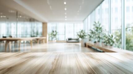 Wooden Tabletop Display with Blurred Modern Office Background, Natural Light, and Contemporary Design Elements