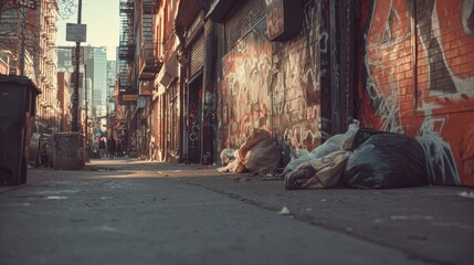 Graffiti-Covered Buildings and Trash Bags on Urban Street