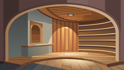Obraz premium Vector art of unique wooden room interior with curved walls and shelves, creating a distinctive and artistic space with a focus on natural materials