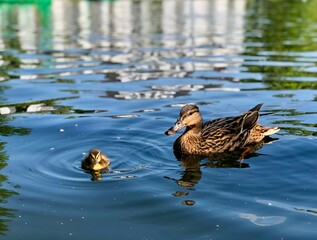 Fototapeta premium duck and duckling on lake