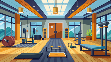 Vector art of cartoon vector illustration of gym interior with exercise equipment, weight, dumbbell, fitness ball for workout, training, sport and healthy lifestyle
