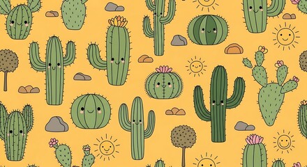 Cute Kawaii Cactus Pattern with Smiling Faces and Sun.