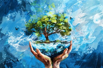 Nature, arbre et verdure, illustration style aquarelle en bleu et vert. 