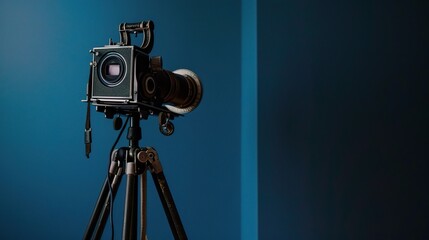 Vintage Camera on Wooden Tripod Isolated in Moody Dark Blue Studio Lighting, 3D Rendered Realistic Illustration.