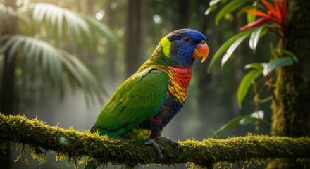 Rainbow Lorikeet in Lush Rainforest: Vibrant Wildlife Portrait