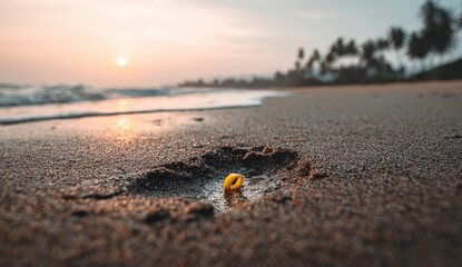Obraz premium Tiny yellow ring in wet sand at sunrise