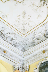 Round antique vintage decorative clay stucco relief molding with floral ornaments on white ceiling in abstract classical style interior