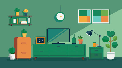 Vector art of a cozy living room with green walls, a green cabinet, and an orange cabinet, with various decorations and plants, creating a relaxing atmosphere