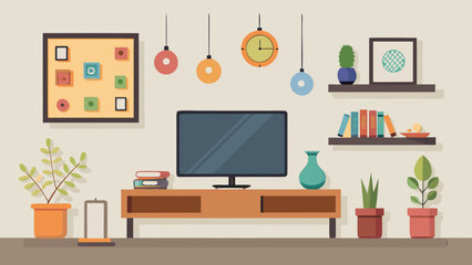 Vector art of a stylish living room with a beige wall, a wooden cabinet, and various decorations, including plants, lamps, and pictures, creating a warm ambiance
