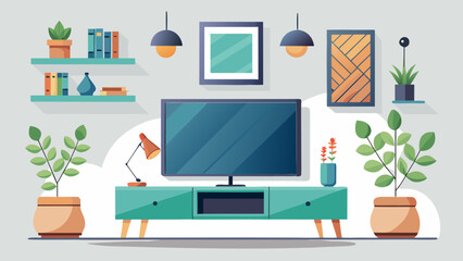Vector art of a modern living room with a gray wall, a turquoise cabinet, and various decorations, including plants, lamps, and pictures, creating a vibrant atmosphere