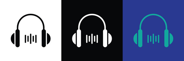 Set of three headphone icons with sound wave equalizer in black, white, and blue