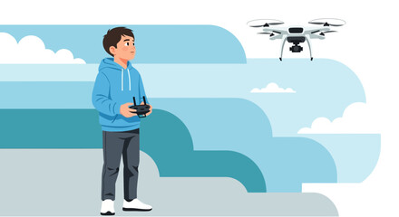 A young man controlling a drone in the sky during a sunny day with modern technology