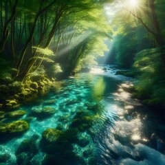 Sunlight streams through the canopy of a verdant forest, casting ethereal rays on a tranquil, clear water stream