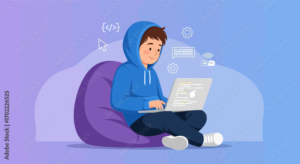 Wall mural a young programmer coding on his laptop while sitting on a bean bag