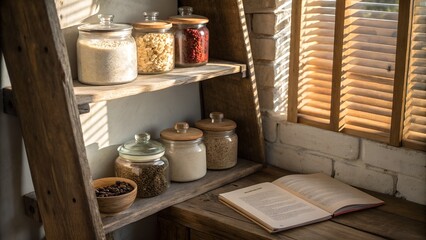rustic wooden kitchen shelf with glass jars and open book by window