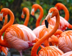 Elegant caribbean flamingos gathering in their habitat for group socialization