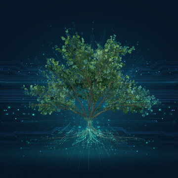 Digital Tree with Roots and Technology Background, Green Lush Tree, Futuristic Design