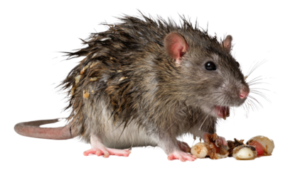 A close-up of a wild rat with textured fur, sitting with food items