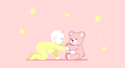Adorable baby playing with a plush bear on a pink background with stars