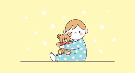 Adorable baby in blue pajamas and teddy bear, stars background, cute illustration