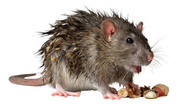 A close-up of a wild rat with textured fur, sitting with food items - Powered by Adobe