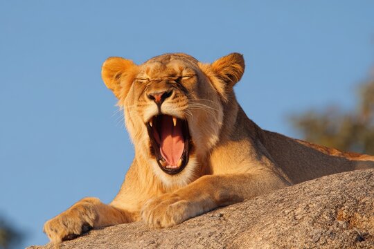 Lioness yawning on a rock during sunset in the savanna, showcasing wildlife in its natural habitat