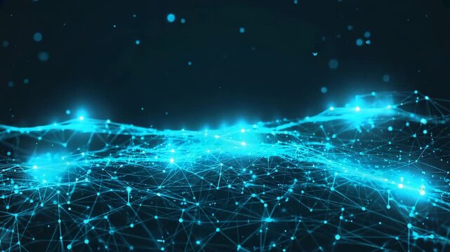 A flowing wave of blue light scanning packets virtual network map. Nmap enumerates ports runs scripts, glowing nodes flash connected lines ripple, visualizing network activity quantum data stream