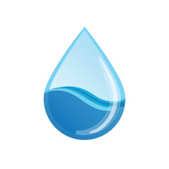 A stylized illustration of a single water droplet, partially filled with blue liquid, against a white background.