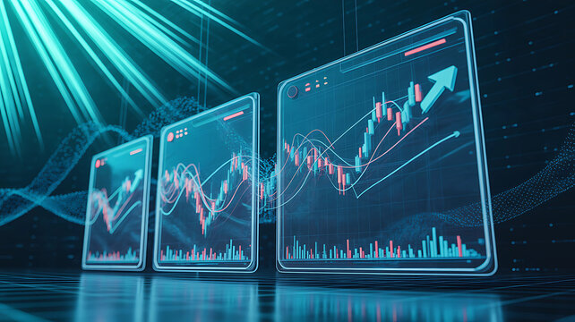 Holographic Finance Dashboard with Futuristic Stock Market and Trading Panels