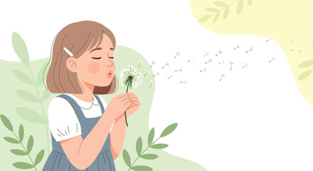 A Girl Blowing Dandelion Seeds into the Wind in a Beautiful Illustration