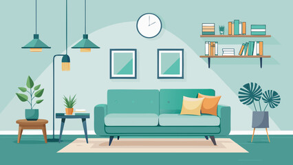 Vector art of a cozy living room interior with a sofa, pillows, plants, and decorative items, creating a comfortable and inviting atmosphere for relaxation and leisure