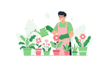 A happy man gardening in his backyard watering flowers and different plants vector