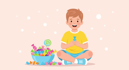 A Happy Kid Sitting with Candies and Enjoying a Sweet Treat in a Fun and Colorful Scene