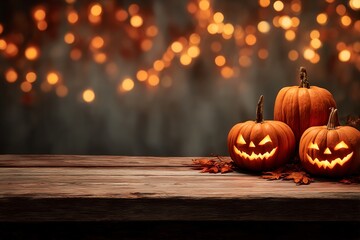 Smiling Jack-O’-Lantern Trio on Rustic Table