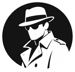 Minimalist Noir Detective Silhouette in Fedora and Trench Coat – Secret Agent Logo Vector Illustration