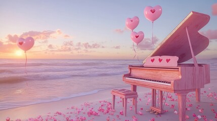 Pink grand piano on beach at sunset with heart balloons and petals.