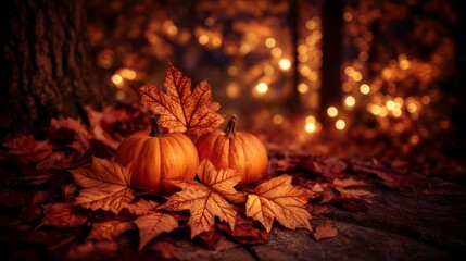 Pumpkins in a Blanket of Leaves