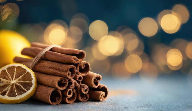 Cinnamon sticks & lemon slices, festive bokeh