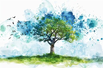 Nature, arbre et verdure, illustration style aquarelle en bleu et vert. 