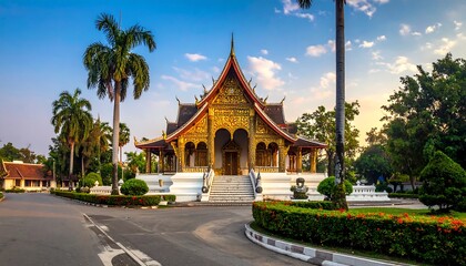 Fototapeta premium A golden temple complex stands majestically amidst lush tropical foliage, bathed in the soft morning light.