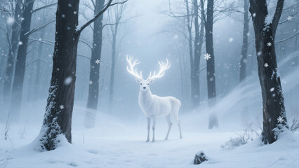 Snowy forest with an ethereal withe stag