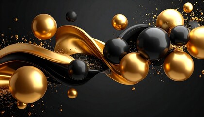 Abstract swirling shapes of gold and black spheres