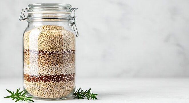 a large glass jar filled with mixed grains-quinoa, farro and barley-layered in distinct sections.The background is a clean surface with a sprig of a green herb placed next to the jar.