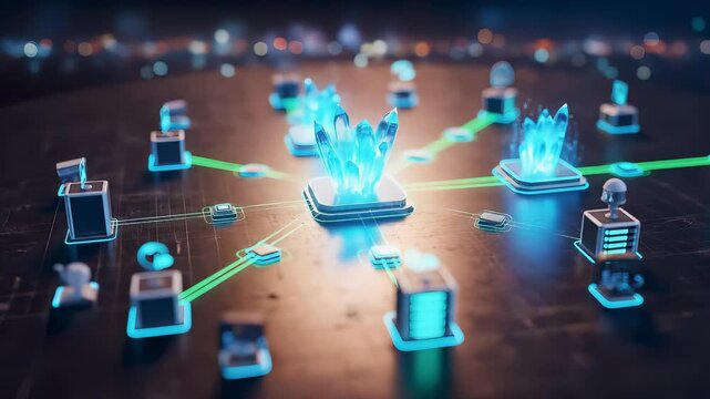 Decentralized edge and blockchain infrastructure glowing nodes and data server connected in a secure digital network for advanced technology and data management.